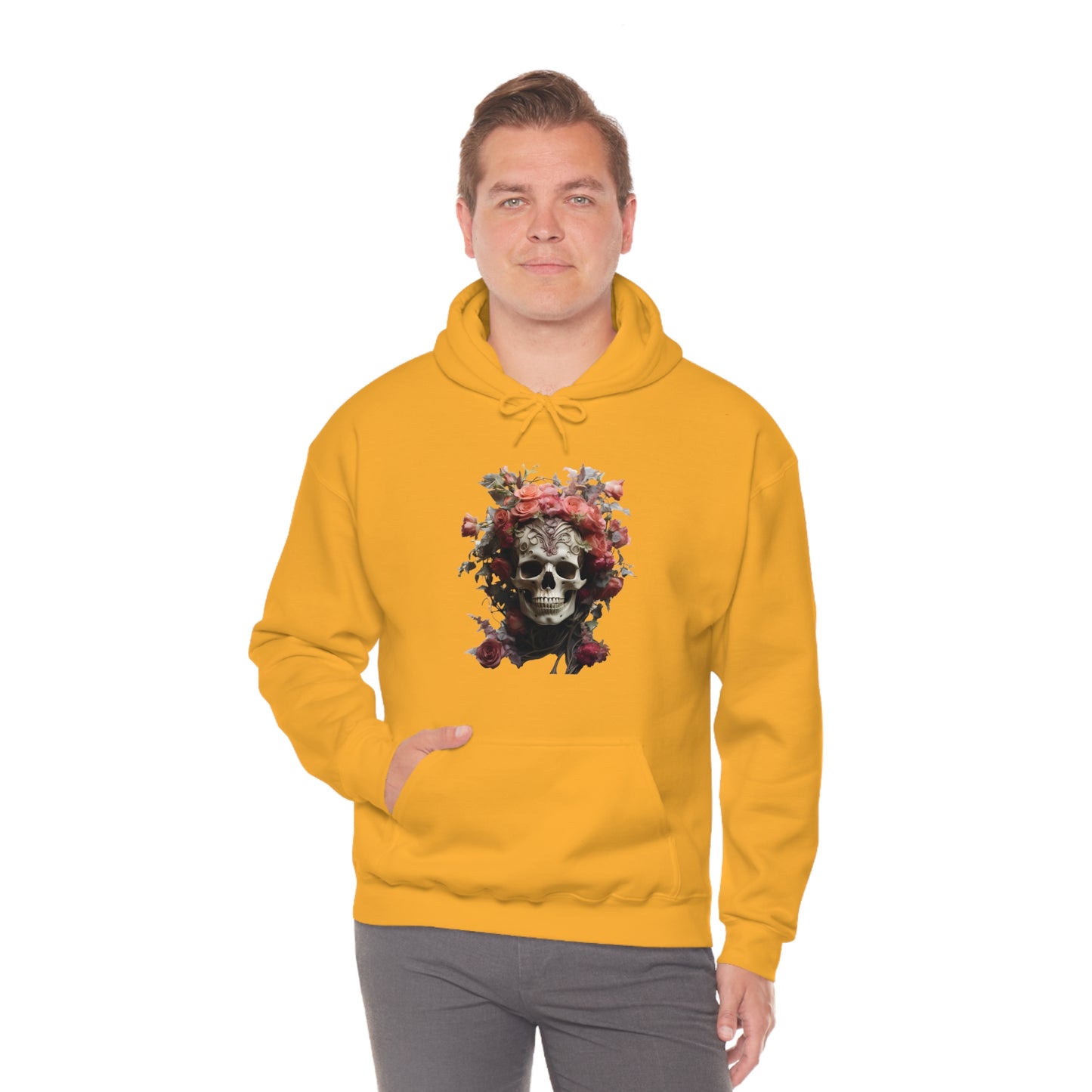 Pink Rose Floral Skull Unisex Heavy Blend™ Hooded Sweatshirt