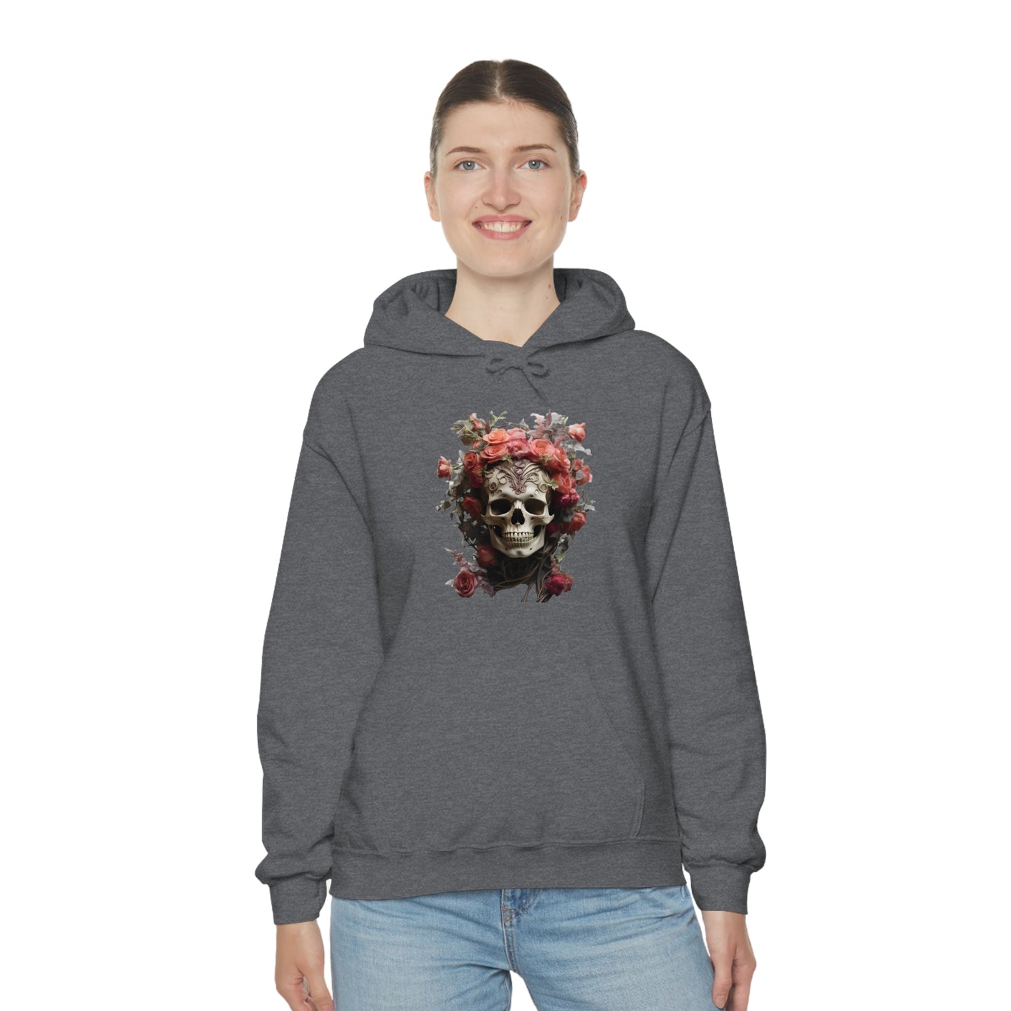 Pink Rose Floral Skull Unisex Heavy Blend™ Hooded Sweatshirt