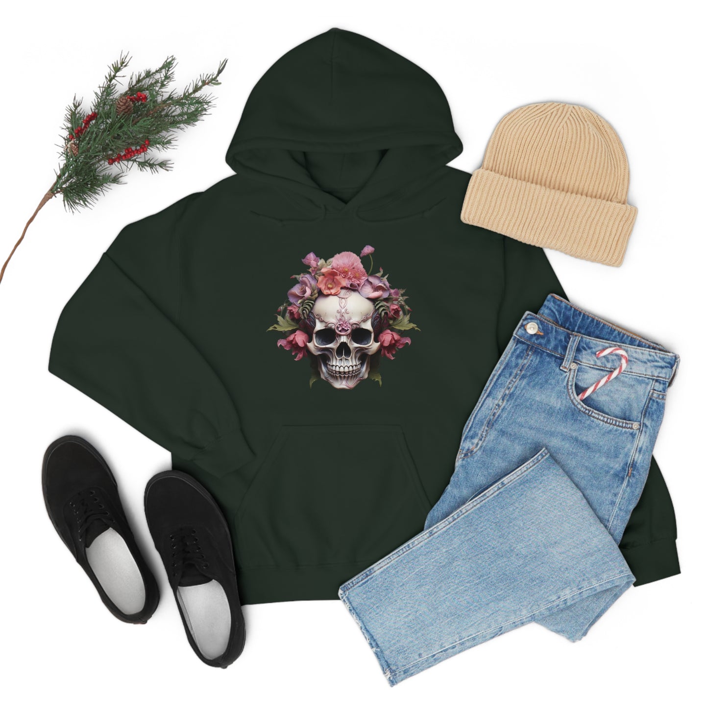 Pink Poppy Floral Skull Unisex Heavy Blend™ Hooded Sweatshirt