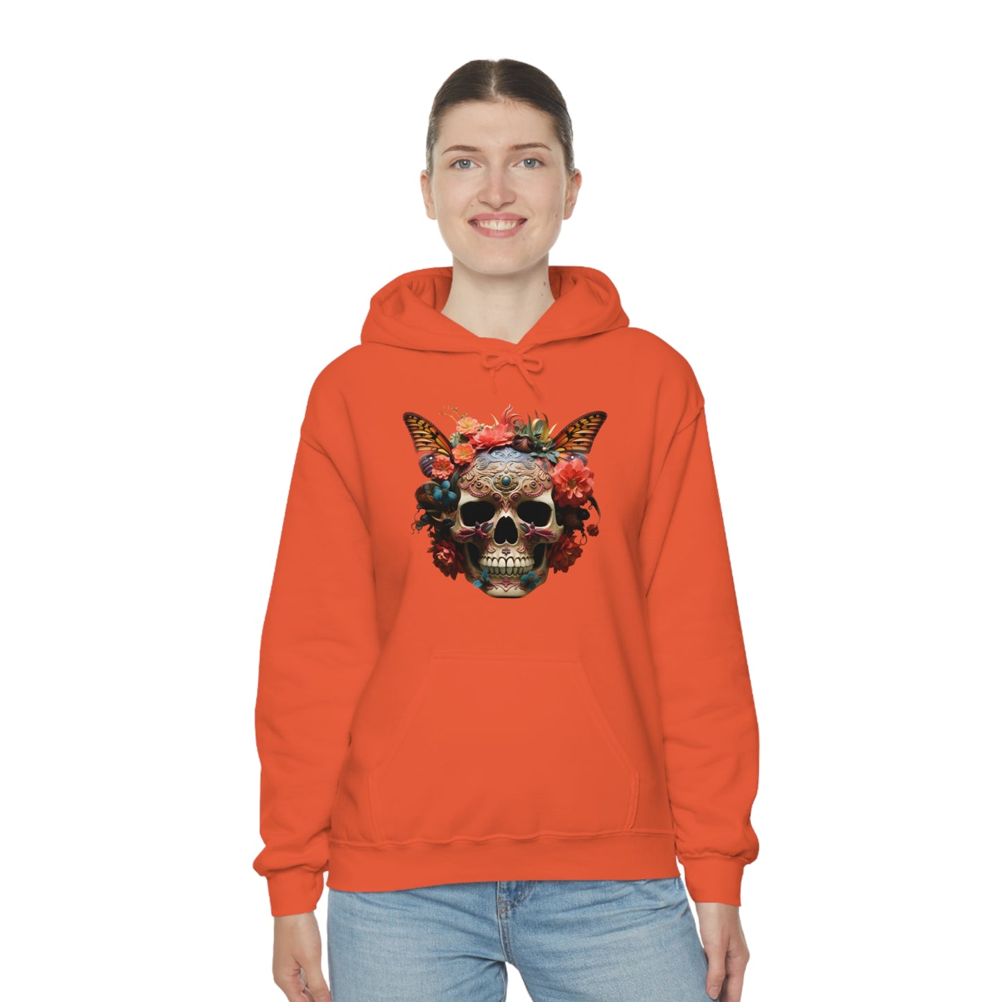 Painted Lady Butterfly Floral Skull Unisex Heavy Blend™ Hooded Sweatshirt