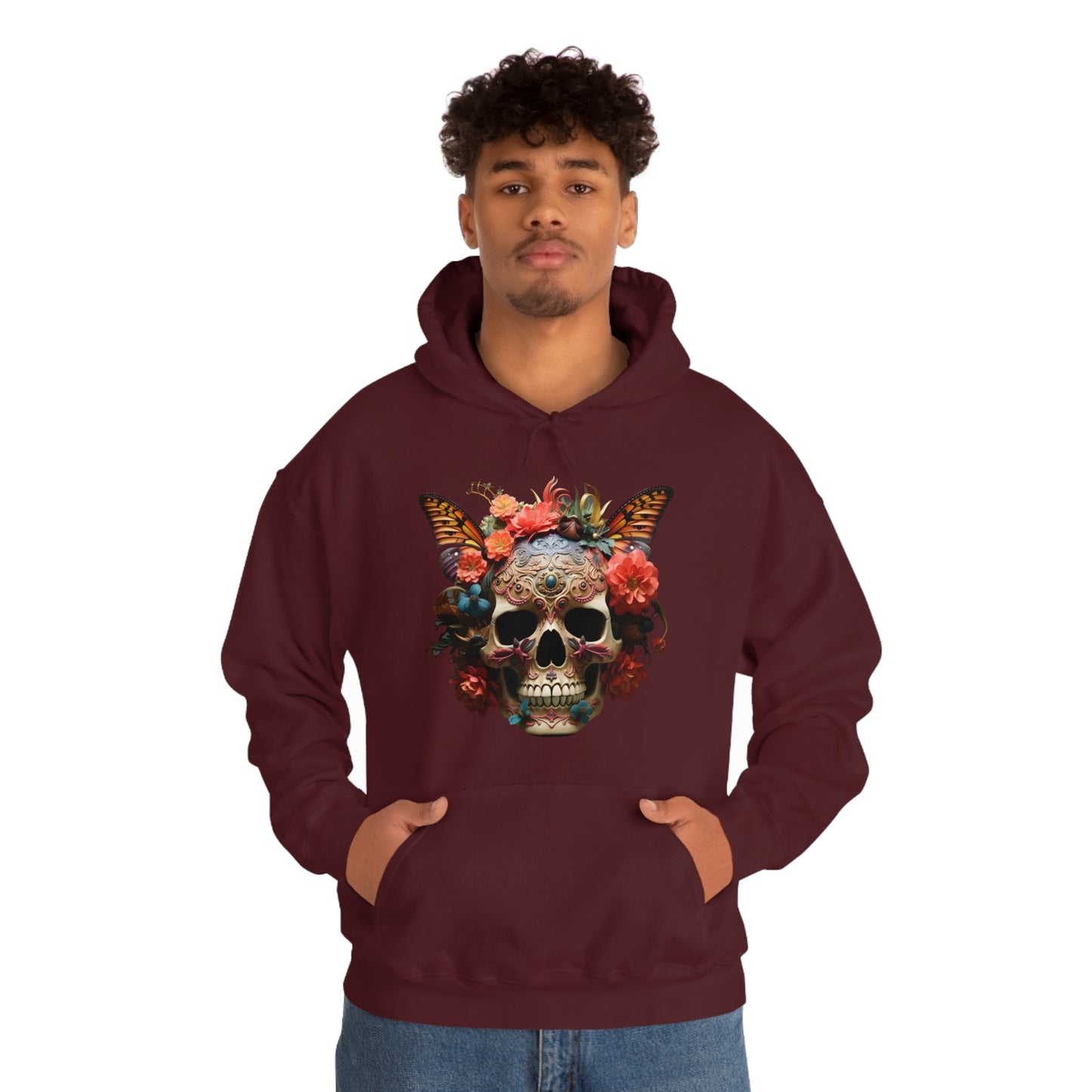 Painted Lady Butterfly Floral Skull Unisex Heavy Blend™ Hooded Sweatshirt