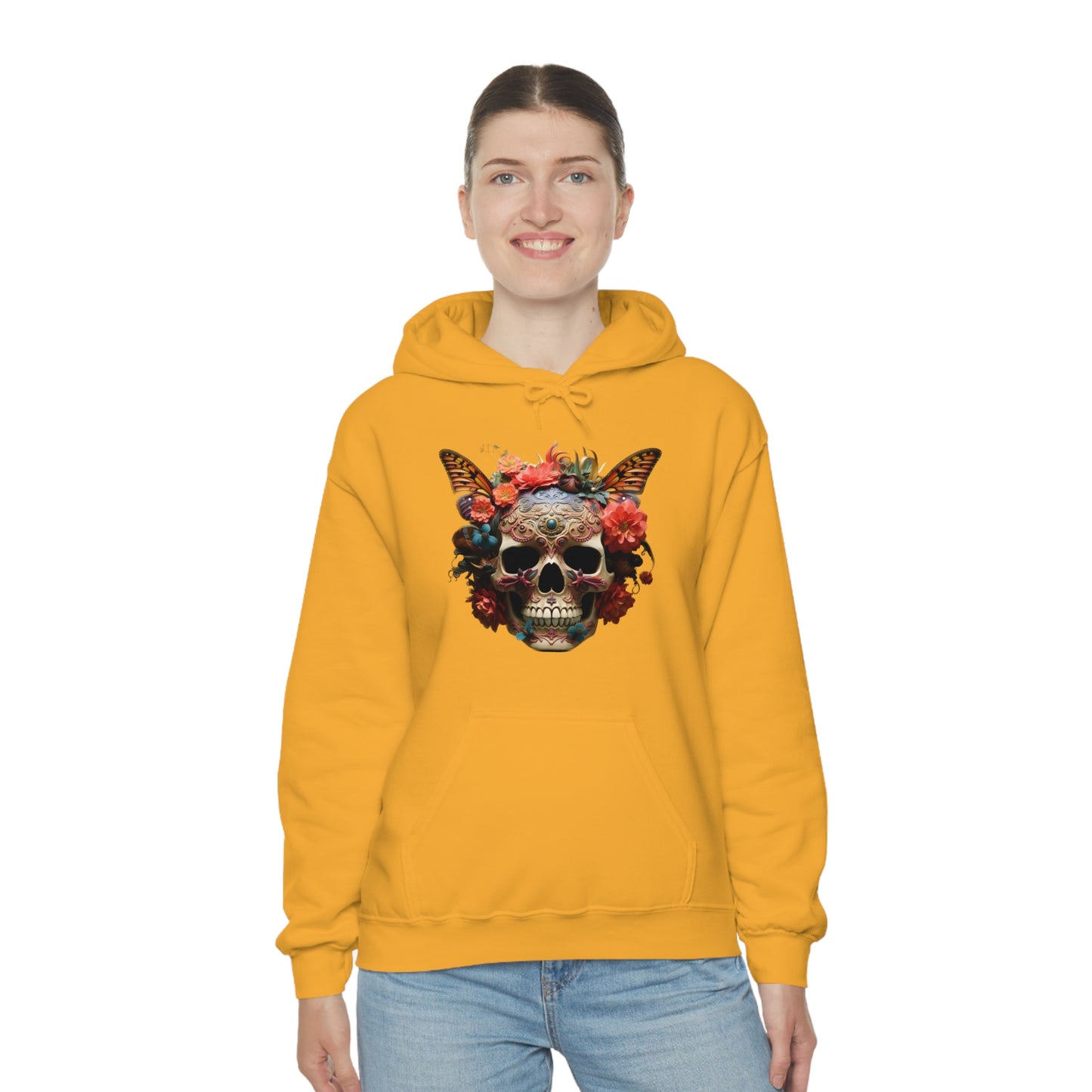 Painted Lady Butterfly Floral Skull Unisex Heavy Blend™ Hooded Sweatshirt