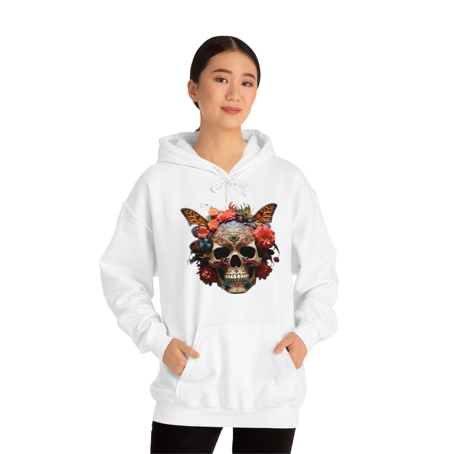 Painted Lady Butterfly Floral Skull Unisex Heavy Blend™ Hooded Sweatshirt