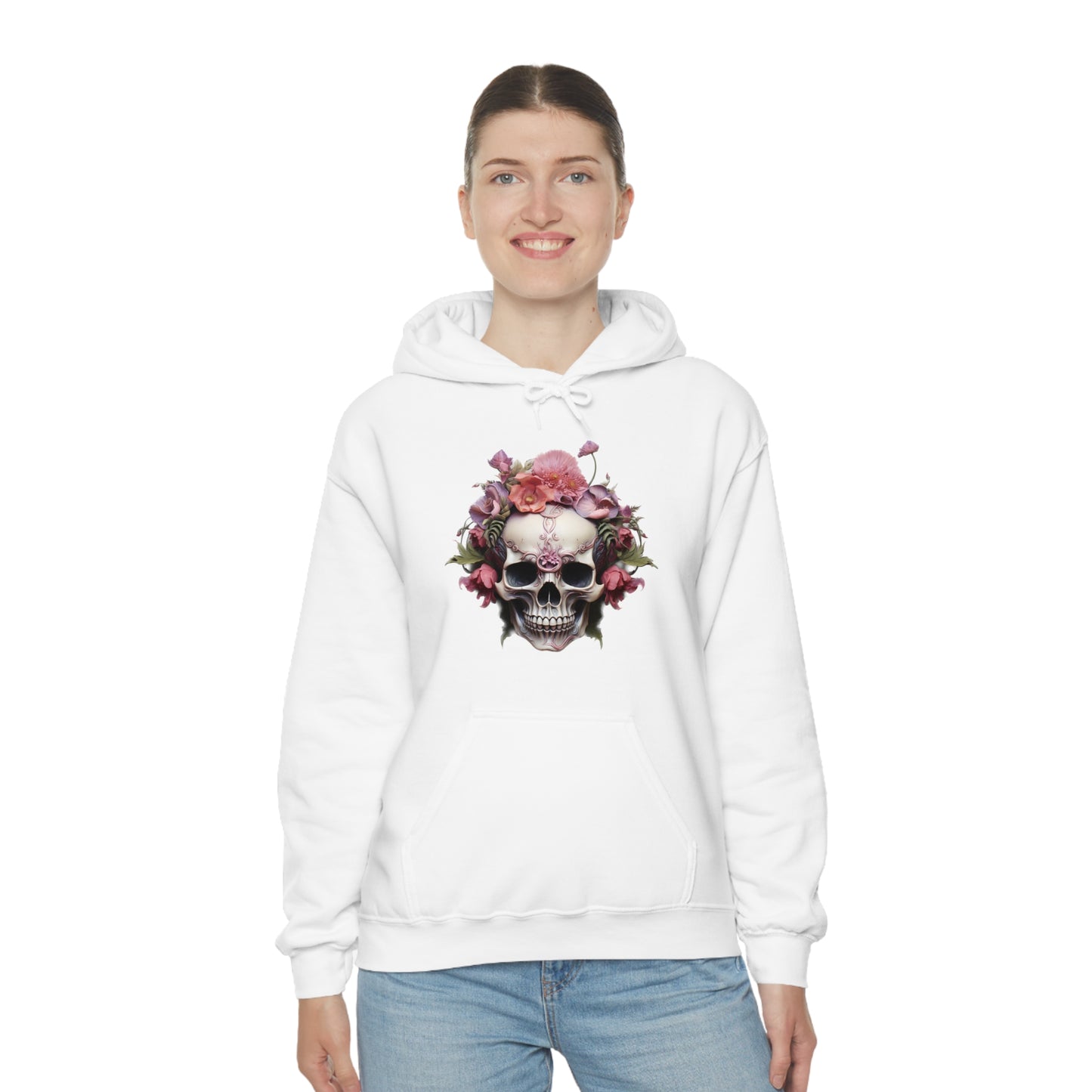 Pink Poppy Floral Skull Unisex Heavy Blend™ Hooded Sweatshirt