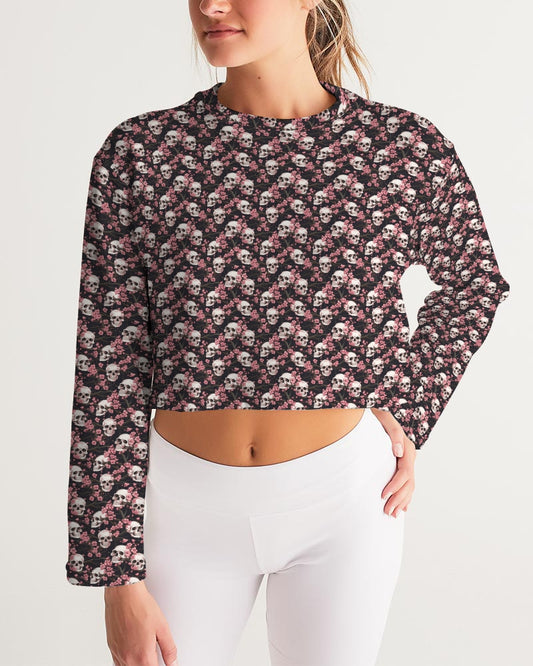 Pink Cherry Blossoms & Skulls Women's Cropped Sweatshirt