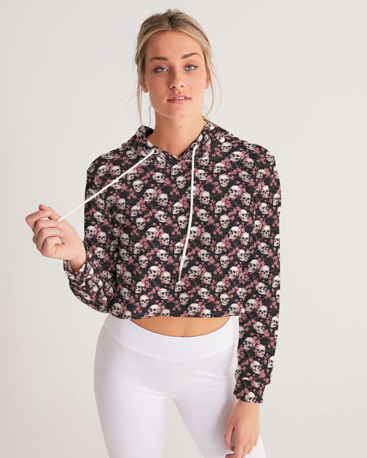 Pink Cherry Blossoms & Skulls Women's Cropped Hoodie