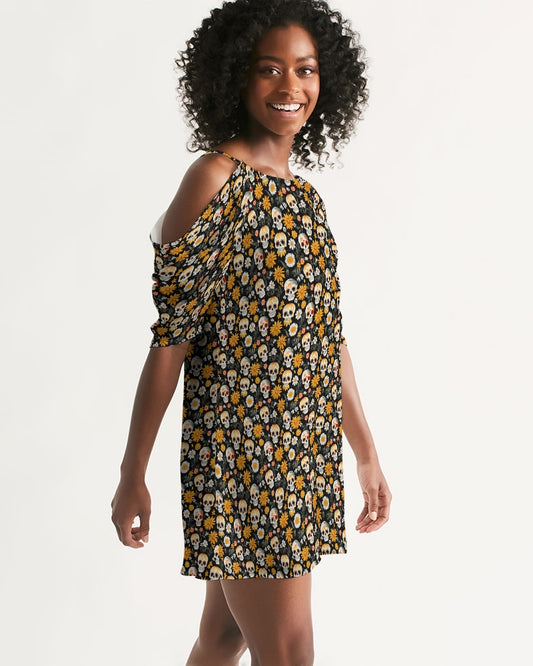 Yellow Daisies & Sugar Skulls Women's Open Shoulder A-Line Dress