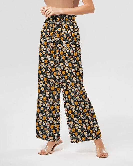 Yellow Daisies & Sugar Skulls Women's High-Rise Wide Leg Pants