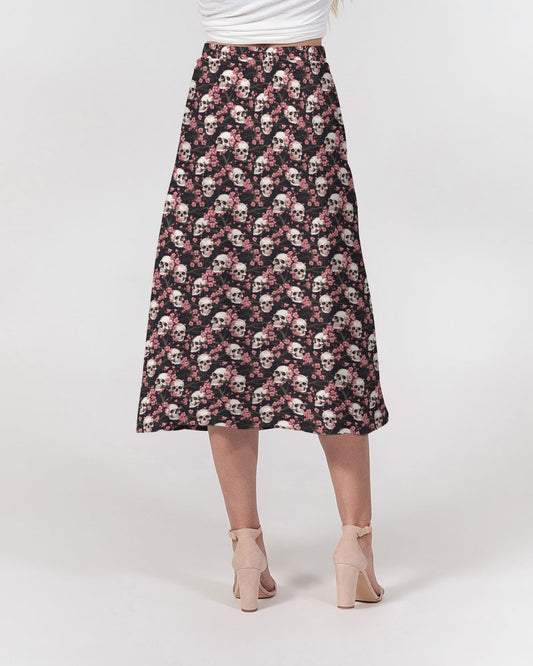 Pink Cherry Blossoms & Skulls Women's A-Line Midi Skirt