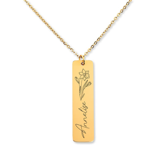 Name & Birthflower Necklace in Gold, Silver, or Rose Gold