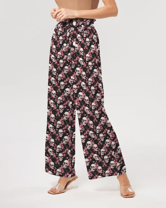 Pink Cherry Blossoms & Skulls Women's High-Rise Wide Leg Pants