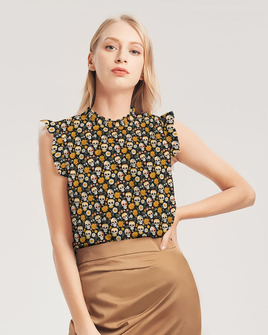 Yellow Daisies & Sugar Skulls Women's Ruffle Sleeve Top