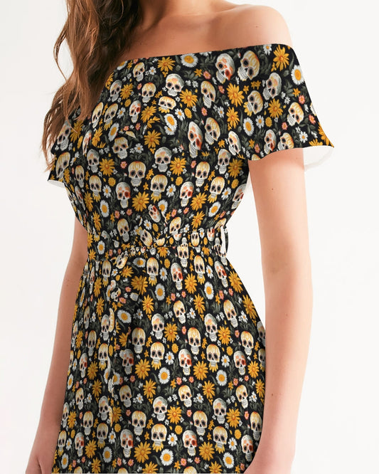 Yellow Daisies & Sugar Skulls Women's Off-Shoulder Dress