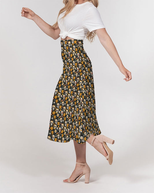 Yellow Daisies & Sugar Skulls Women's A-Line Midi Skirt