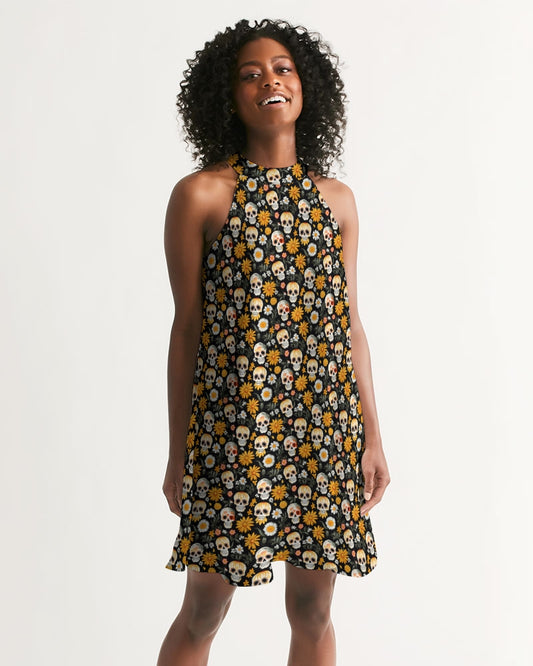 Yellow Daisies & Sugar Skulls Women's Halter Dress