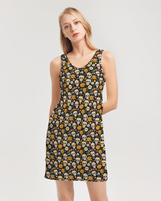 Yellow Daisies & Sugar Skulls Women's Rib Knit V Neck Mini Dress